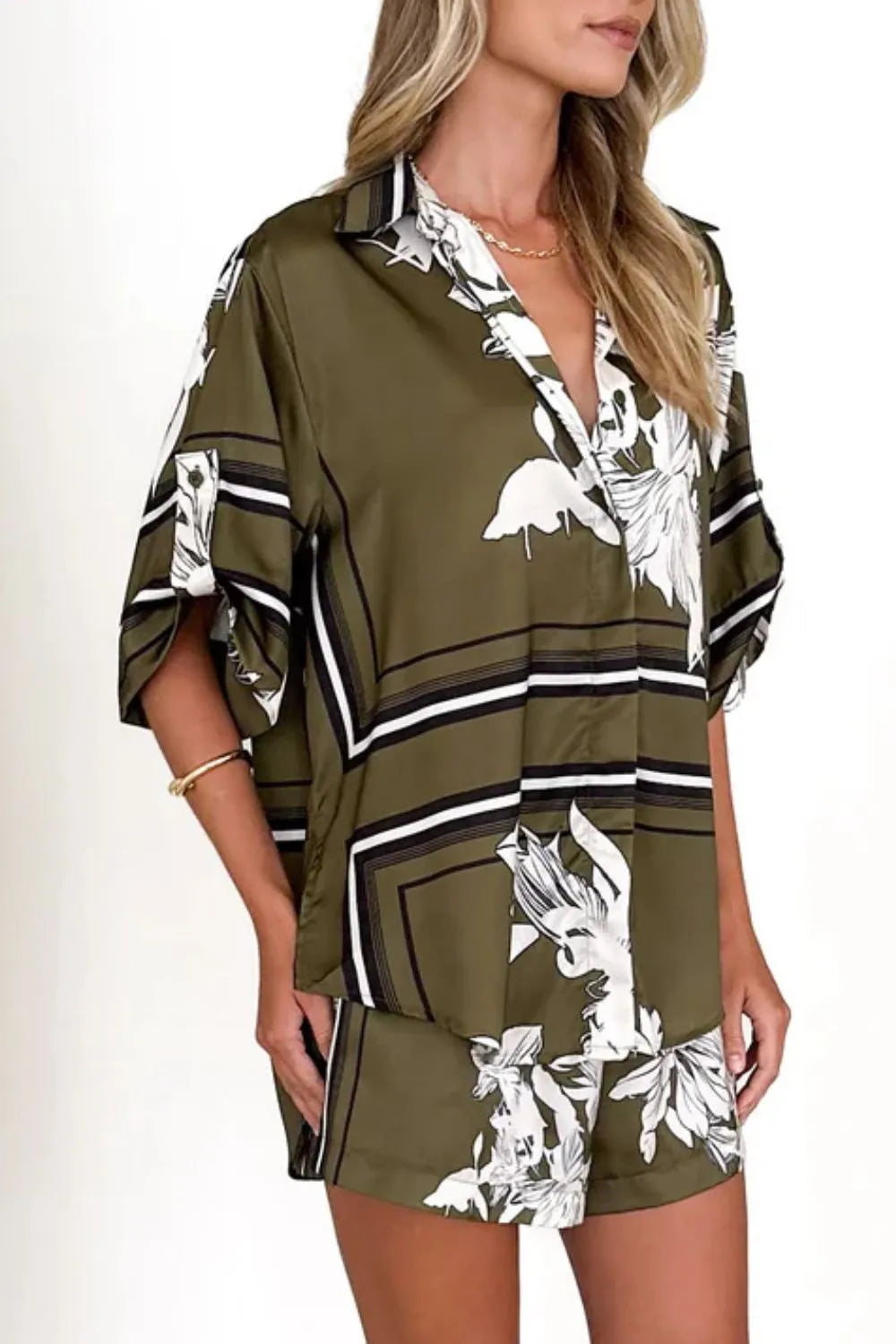 Printed Collared Neck Top and Shorts Set
