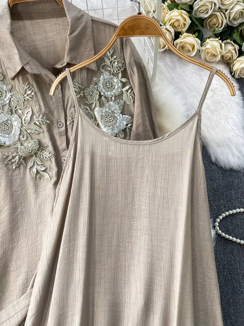 Sequin Flower Button Up Shirt and Cami Dress Set