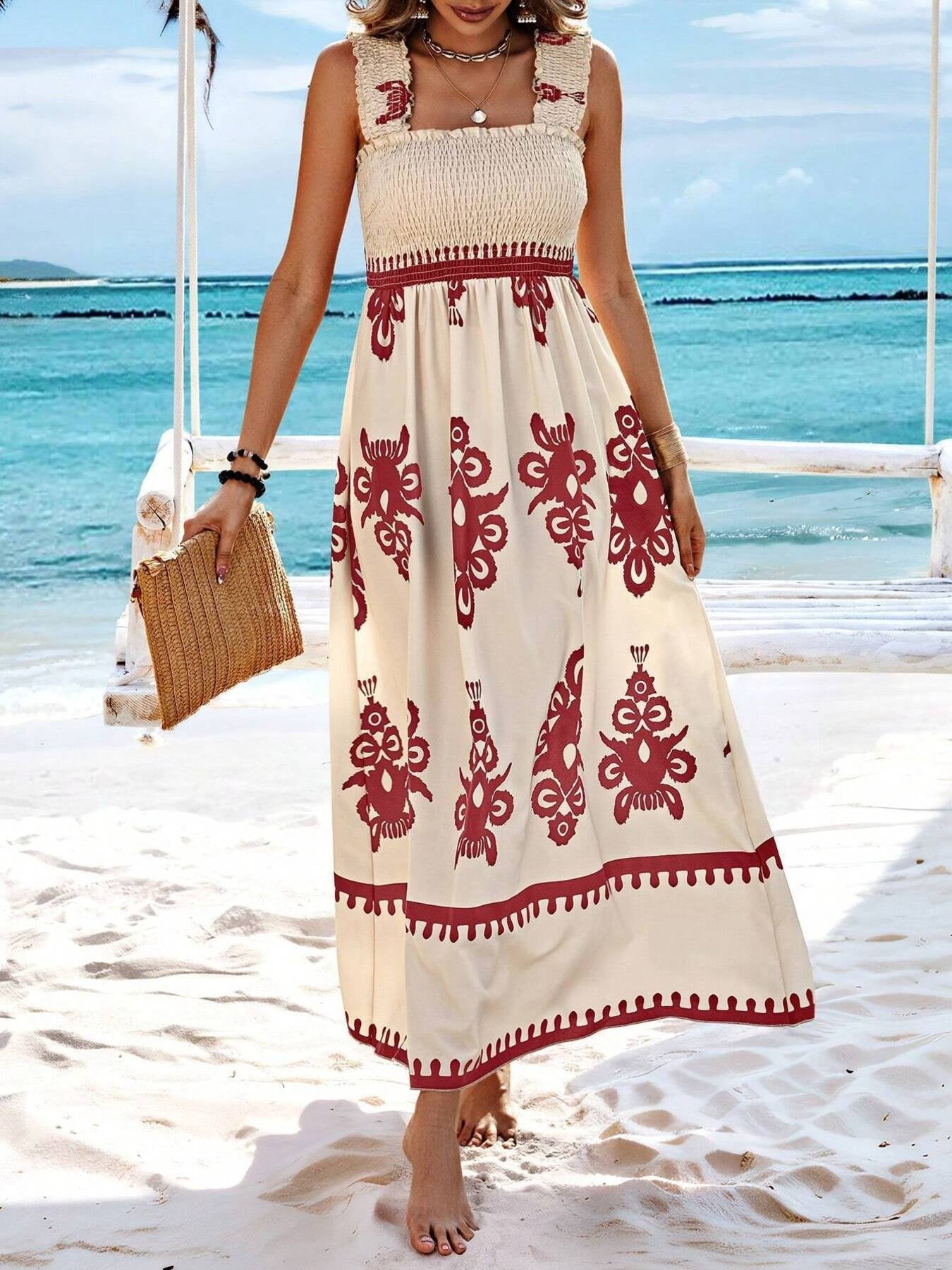 Smocked Bodice Colorful Print Tank Dress