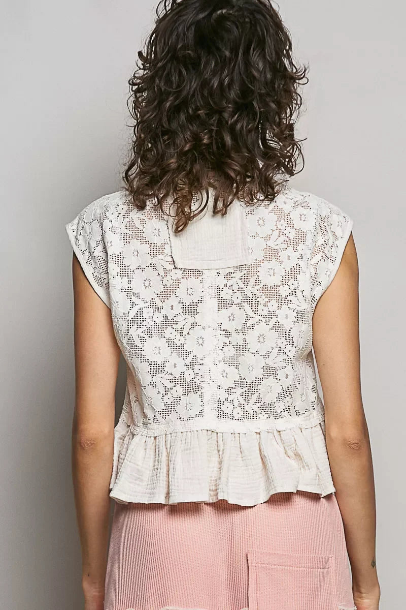 POL Round Neck Lace Sleeveless Top with Double Gauze Ruffle