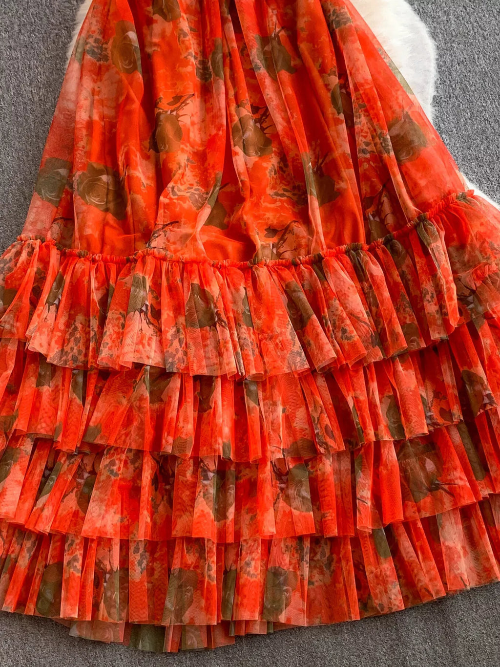 Floral Print Ruffled Layered Mesh Dress