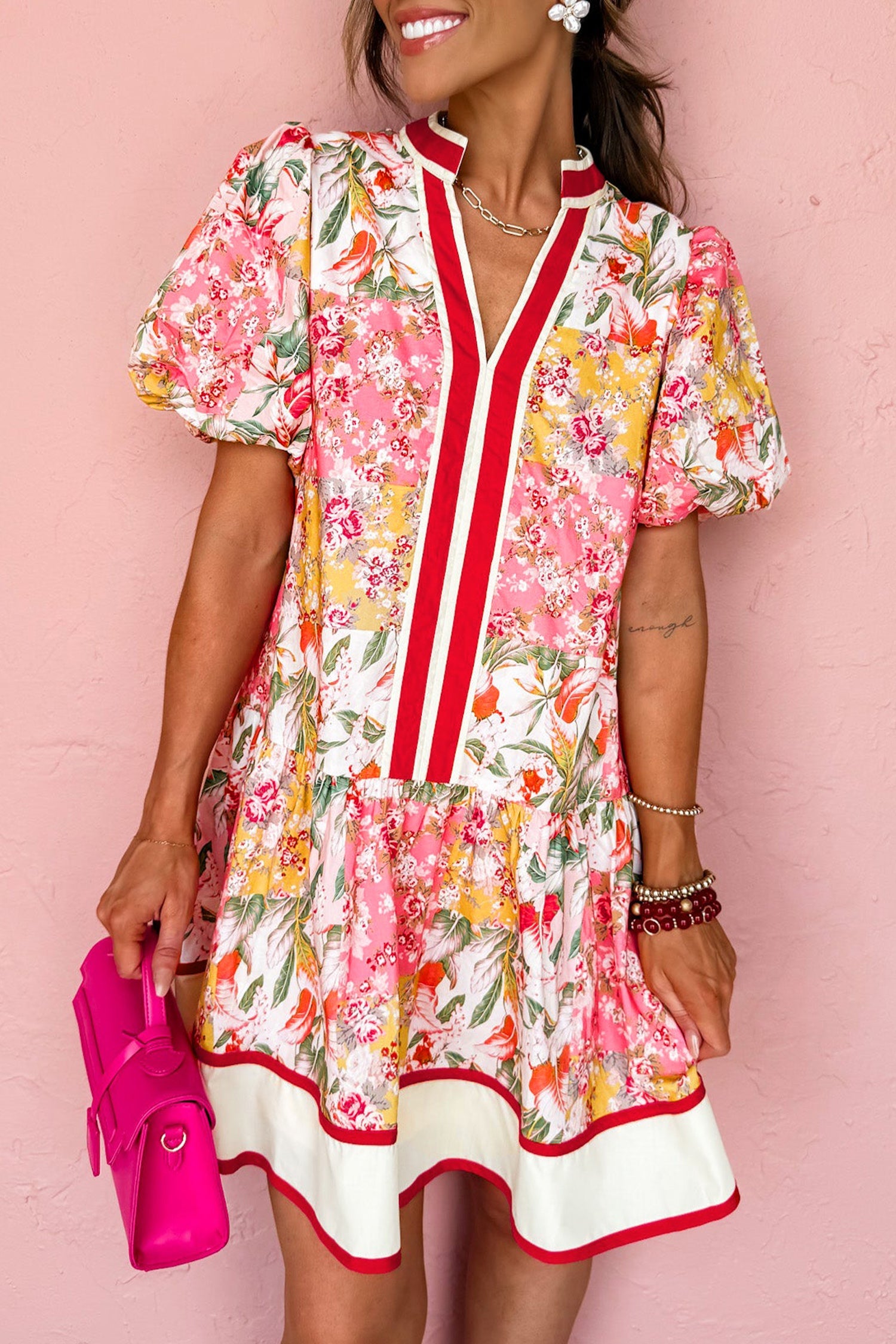 Floral Colorblock Trim V-Neck Ruffle Mini Dress