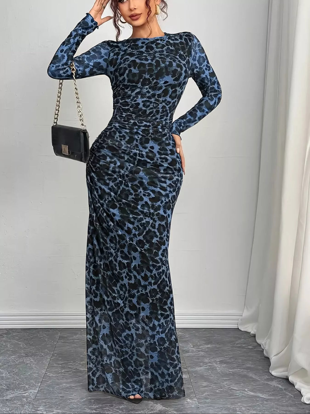 Leopard Print Long Sleeve Maxi Dress
