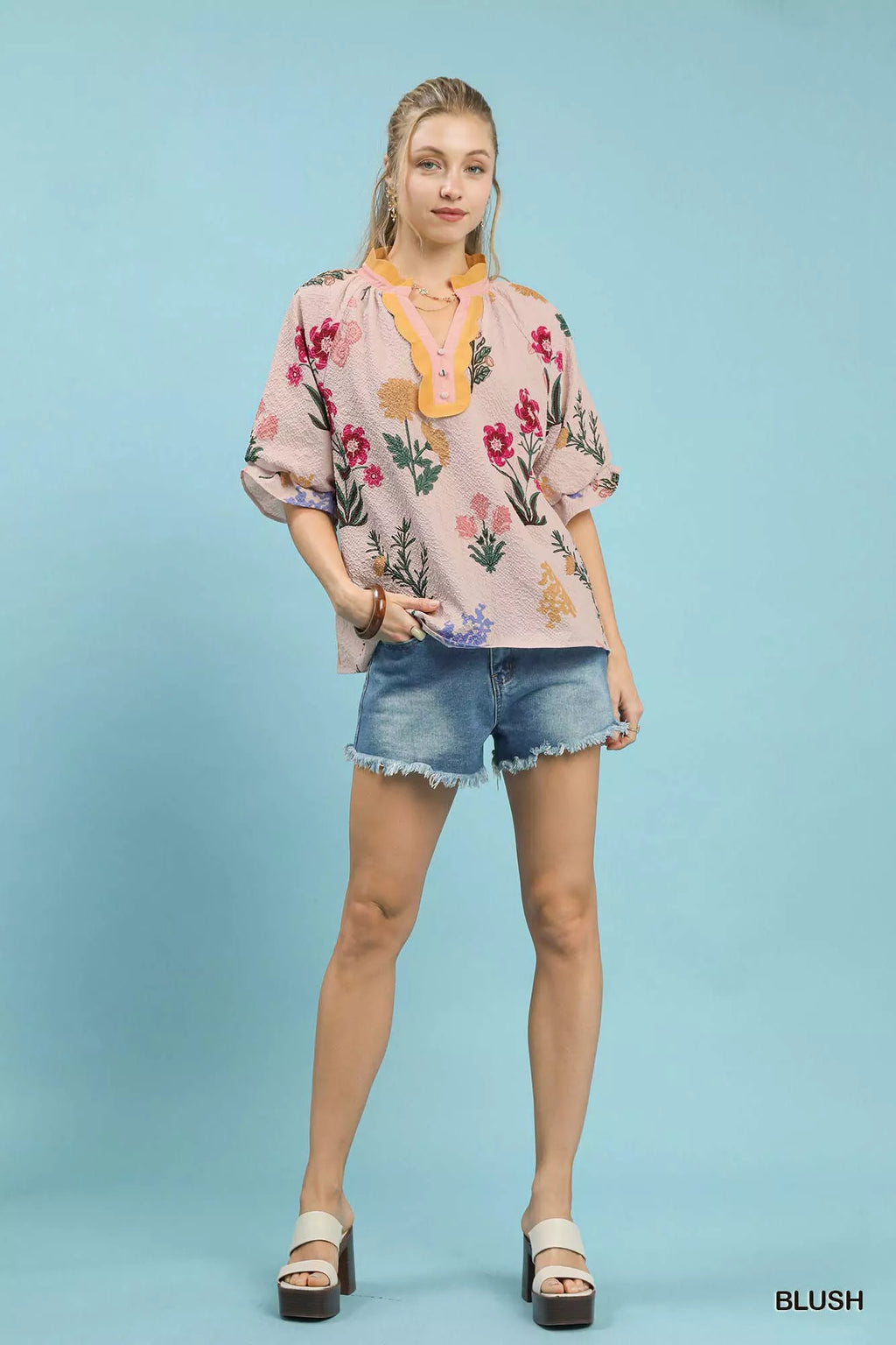 Umgee Floral Puff Sleeve Blouse with Scallop Trim Collar