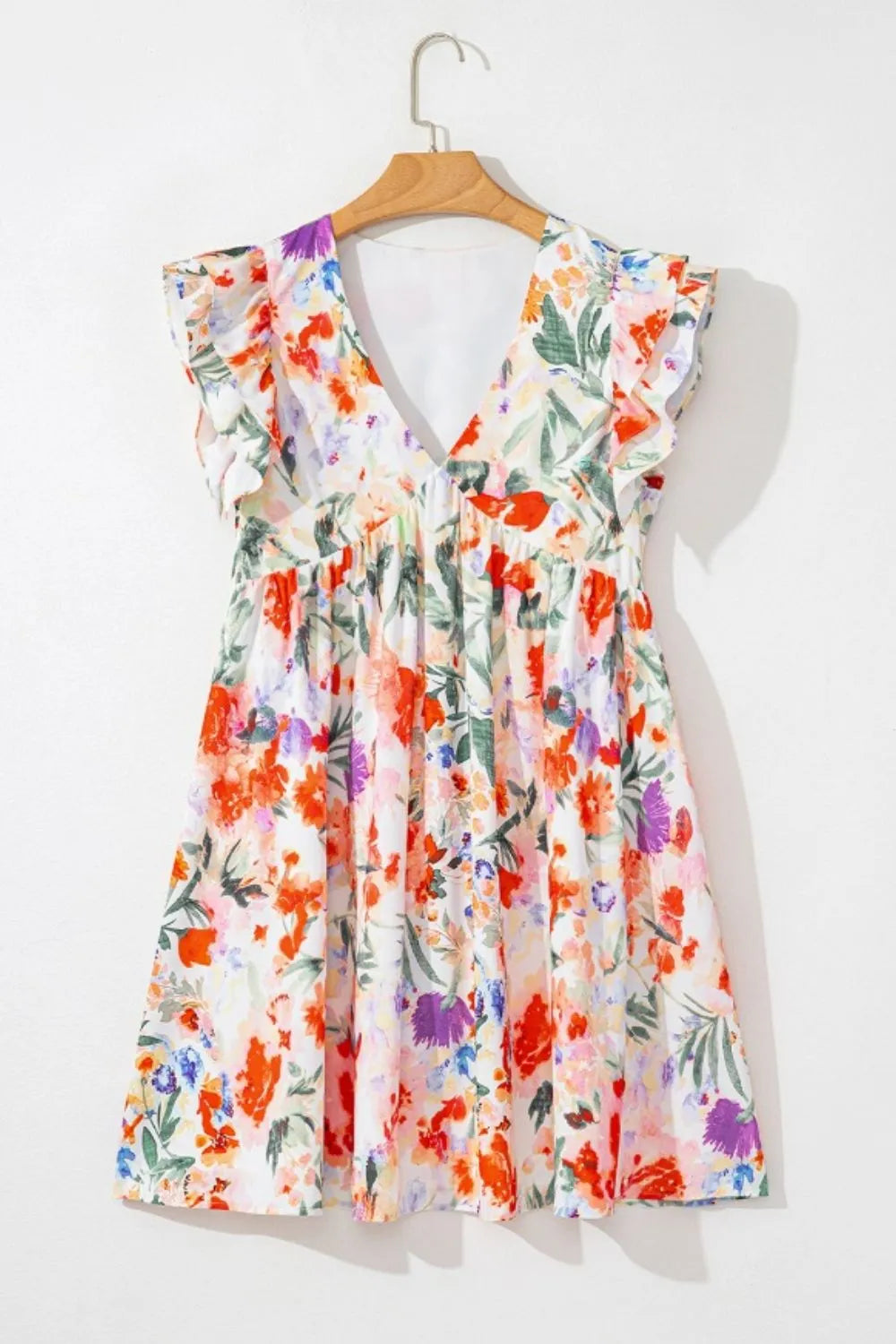 Floral Double Ruffle Sleeve V Neck Mini Dress