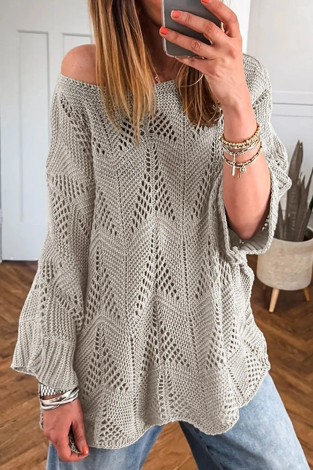 Openwork Round Neck Knit Top