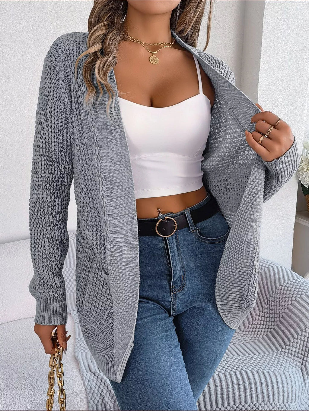 Chunky Knit Open Front Cardigan with Pockets
