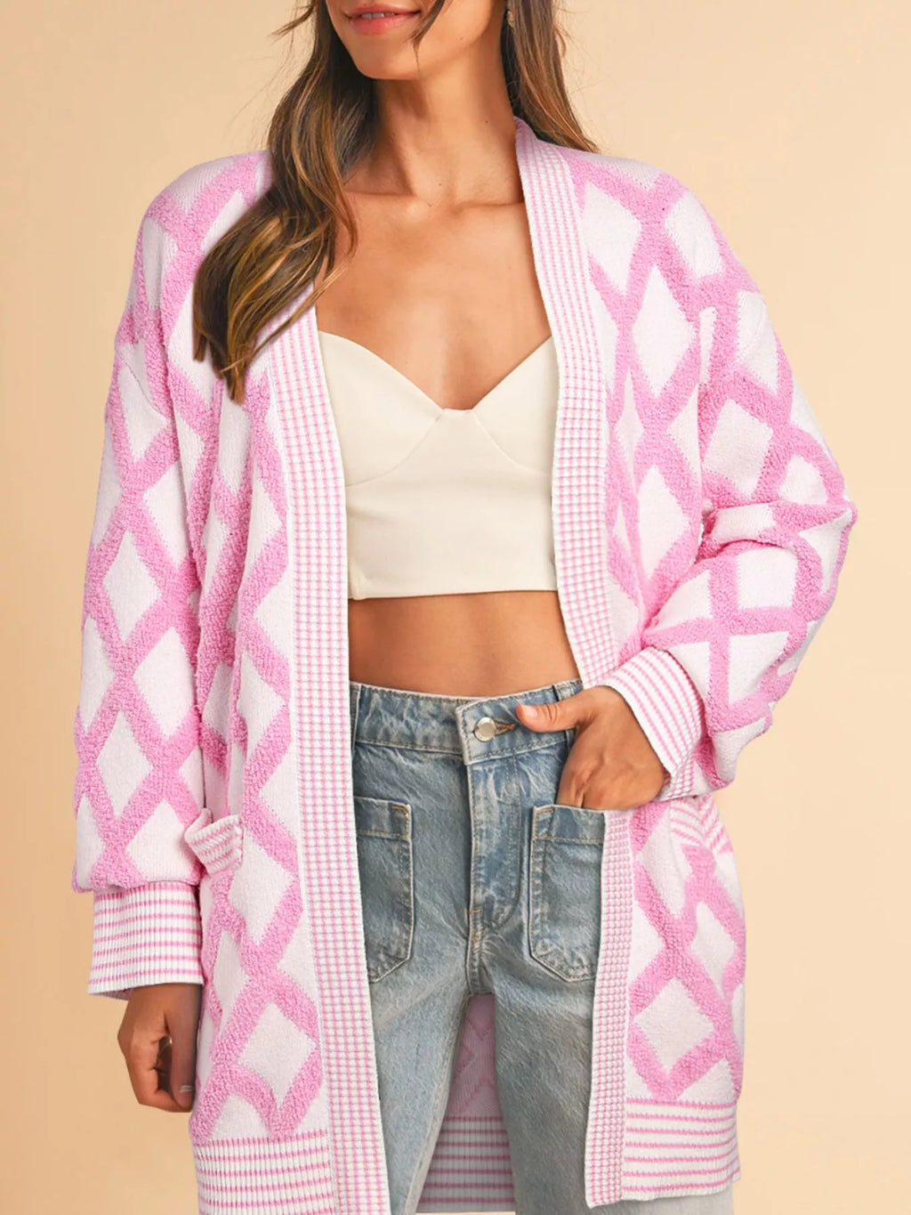 Rhombus Pattern Knit Open Front Pocketed Cardigans