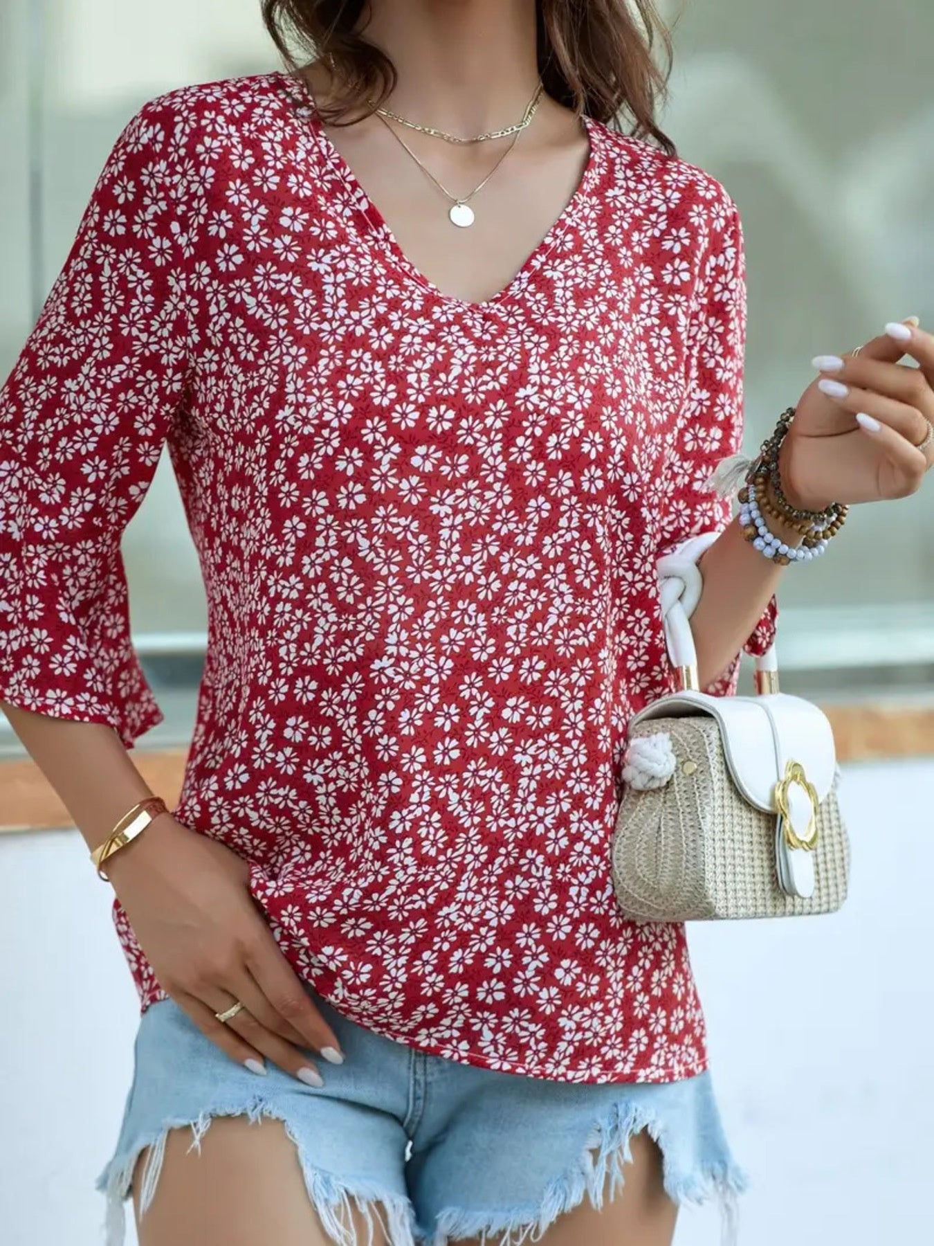 Floral Print V-Neck Bell Sleeve Blouse