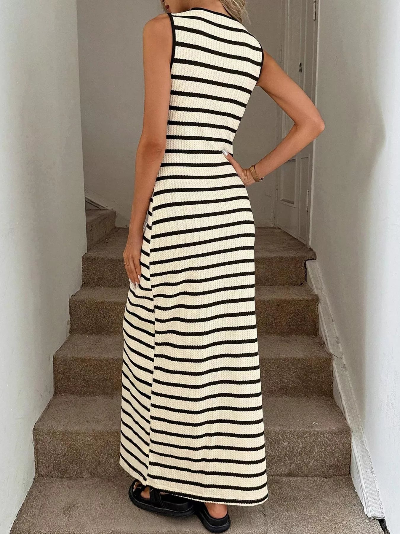 Striped Button-Front Sleeveless Slit Maxi Dress