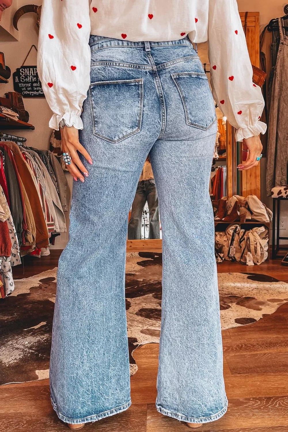 Acid Wash Pocket Detail Flare Jeans