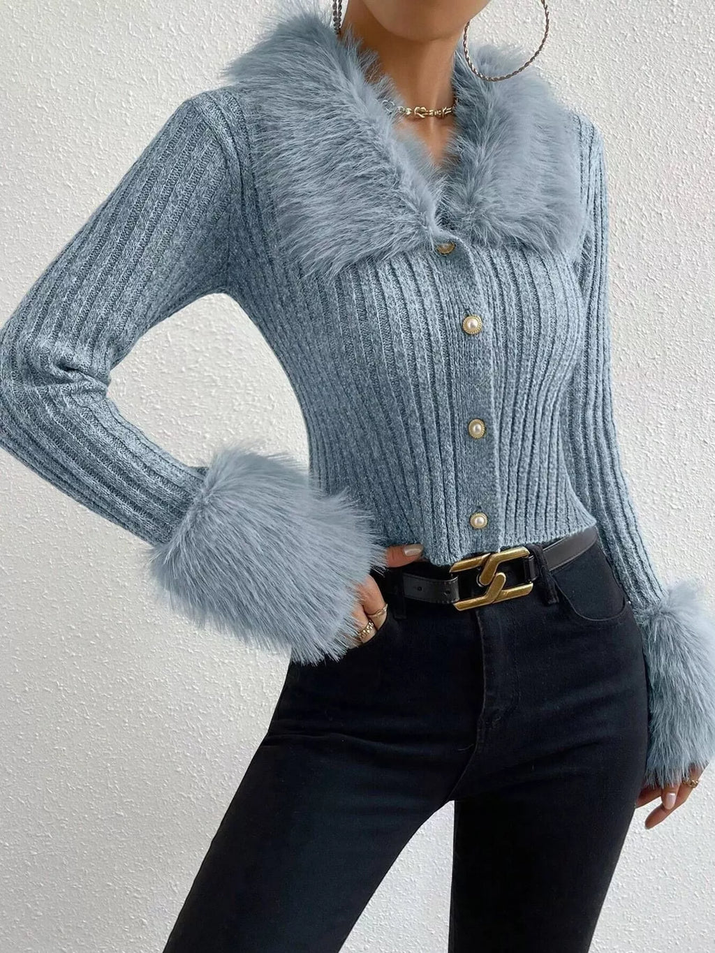 Faux Fur Trim Ribbed Knit Cropped Cardigan