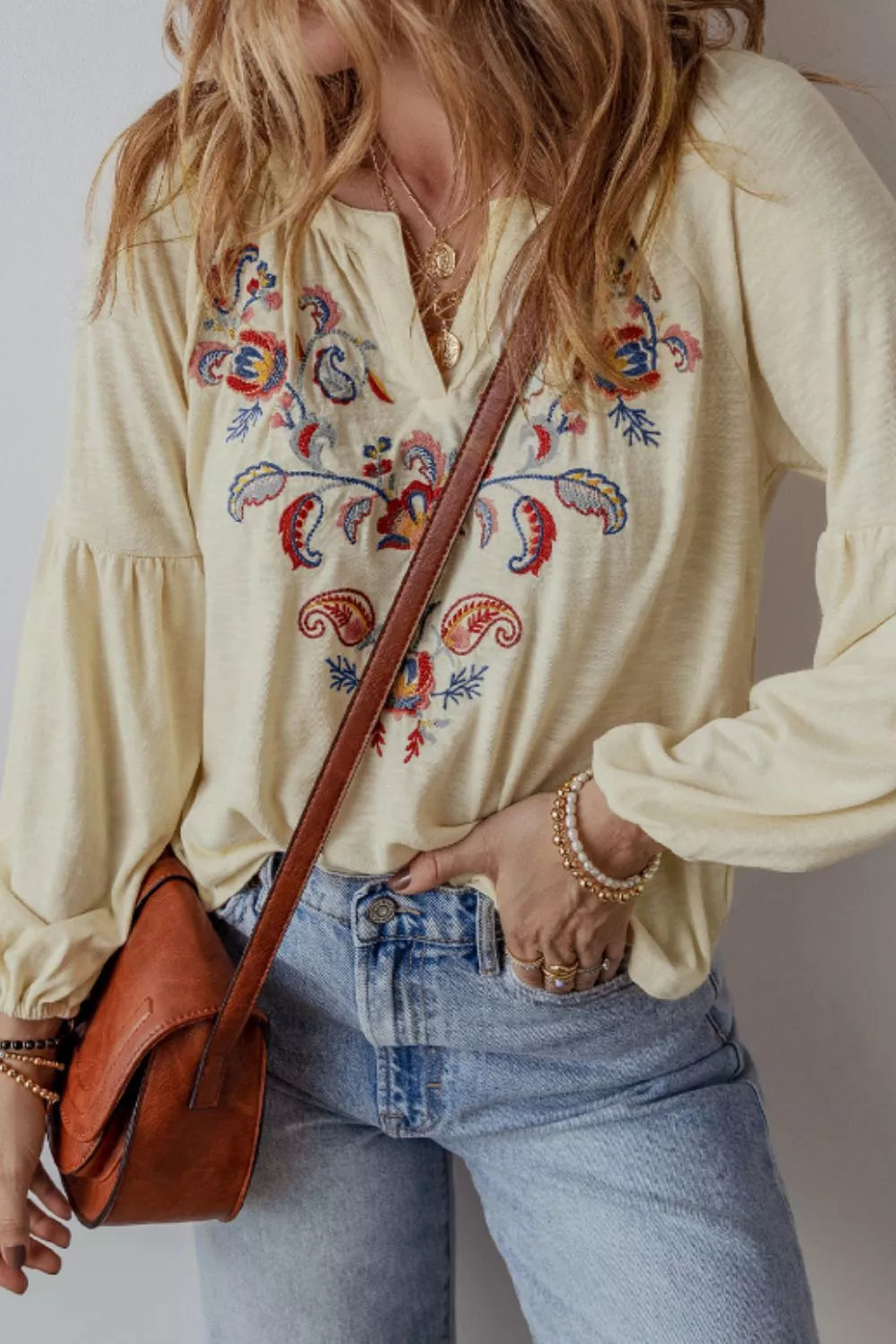 Embroidered Notched Long Sleeve Blouse