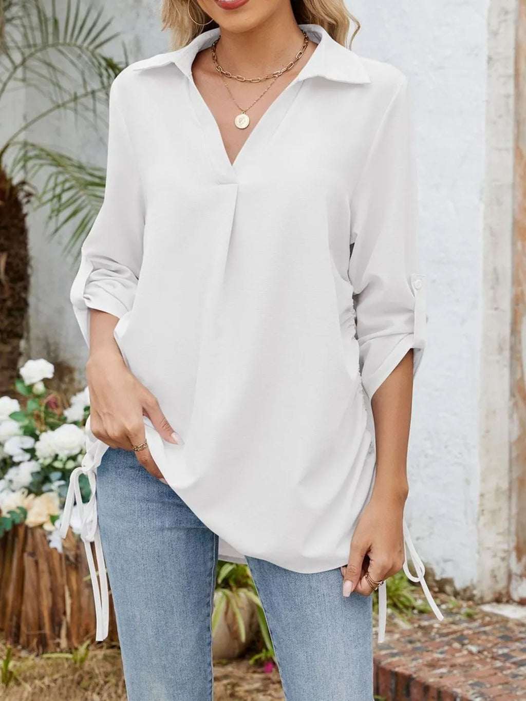 Drawstring Johnny Collared Three-Quarter Sleeve Top