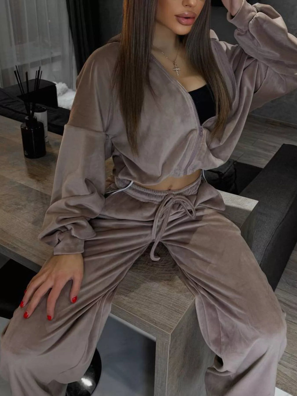 Zip Up Cropped Outerwear and Pants Set