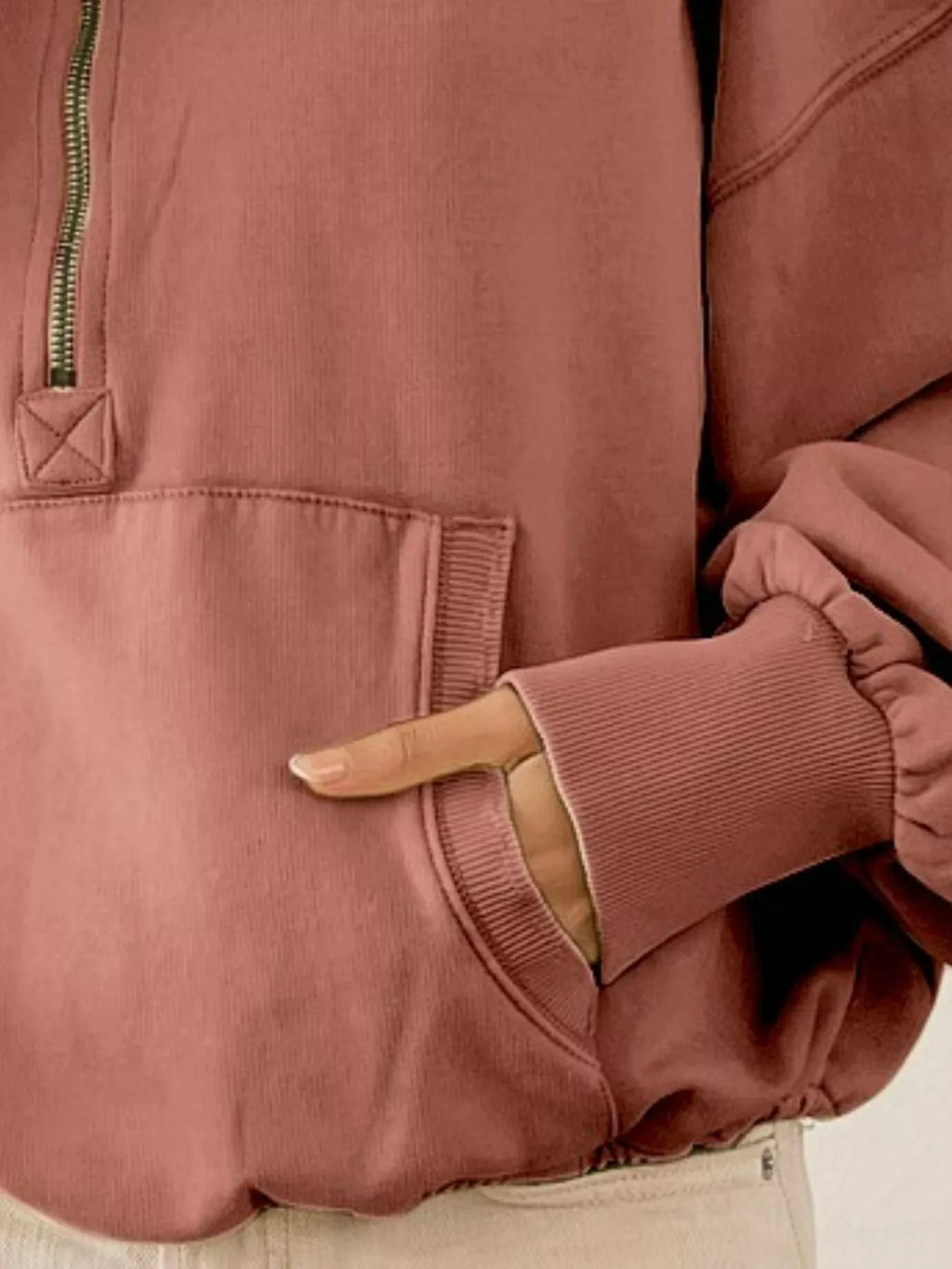 BiBi Stitch Detailed Elastic Hem Half Zip Fleece Hoodie
