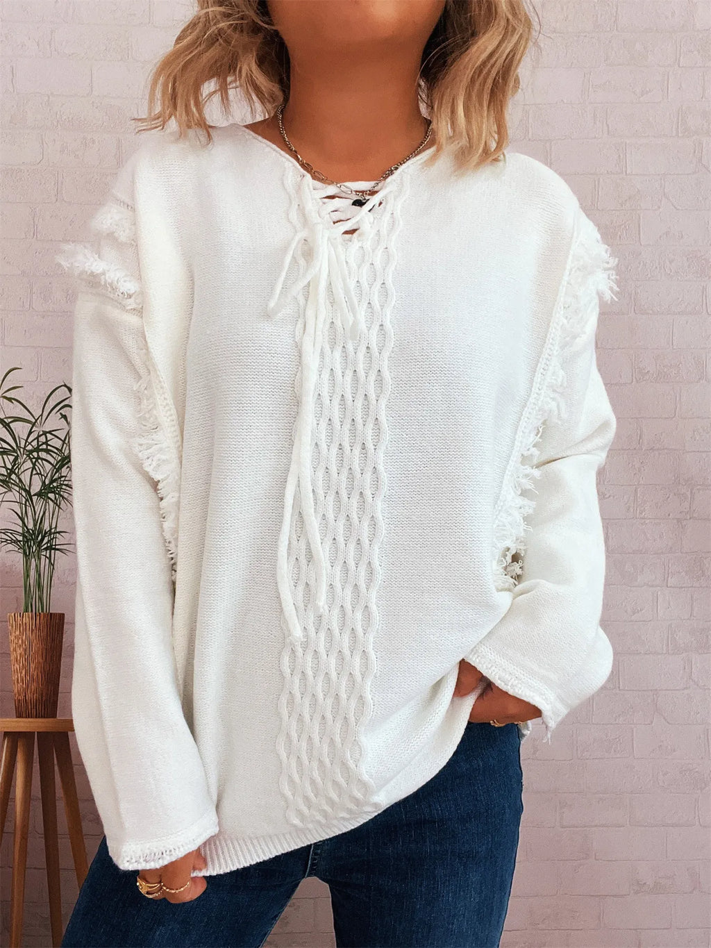Raw Hem Lace Up Front Sweater