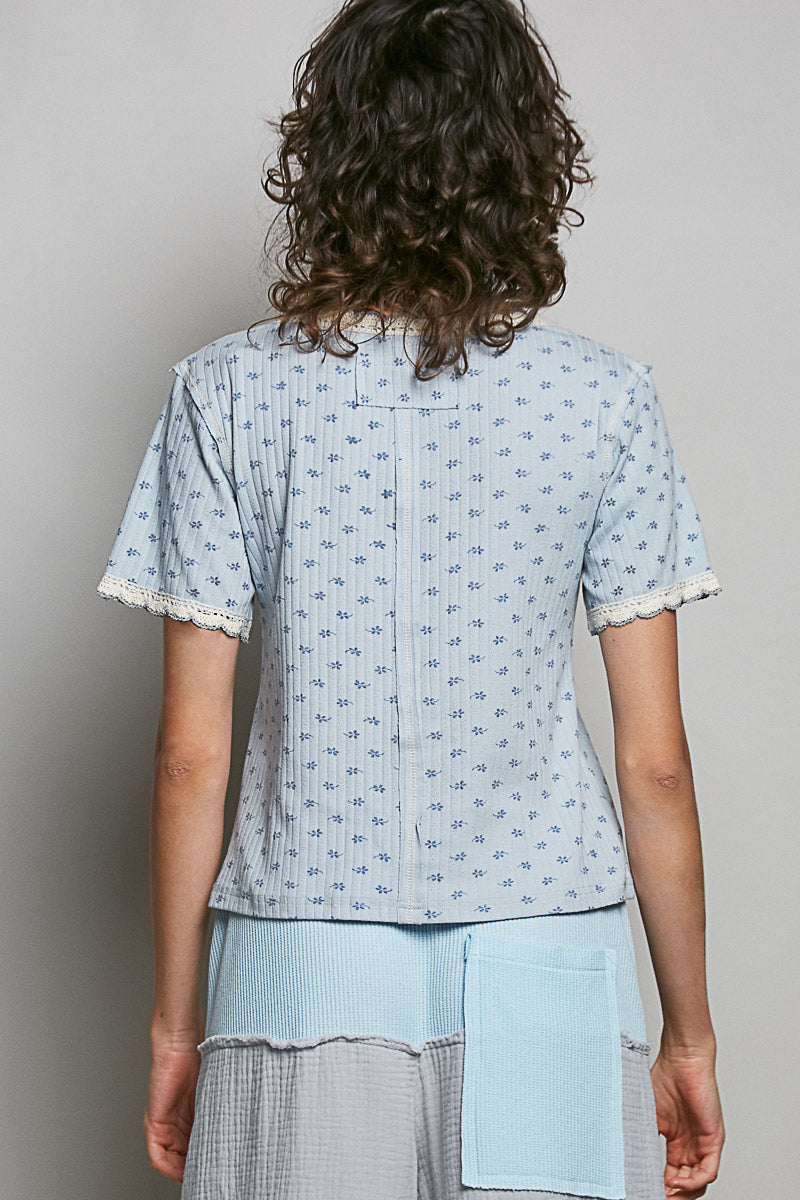 POL Floral V-Neck Short Sleeve Rib T-Shirt