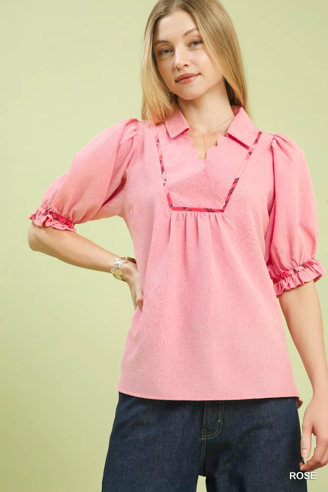 Umgee Scalloped Trim Blouse with Puff Sleeves