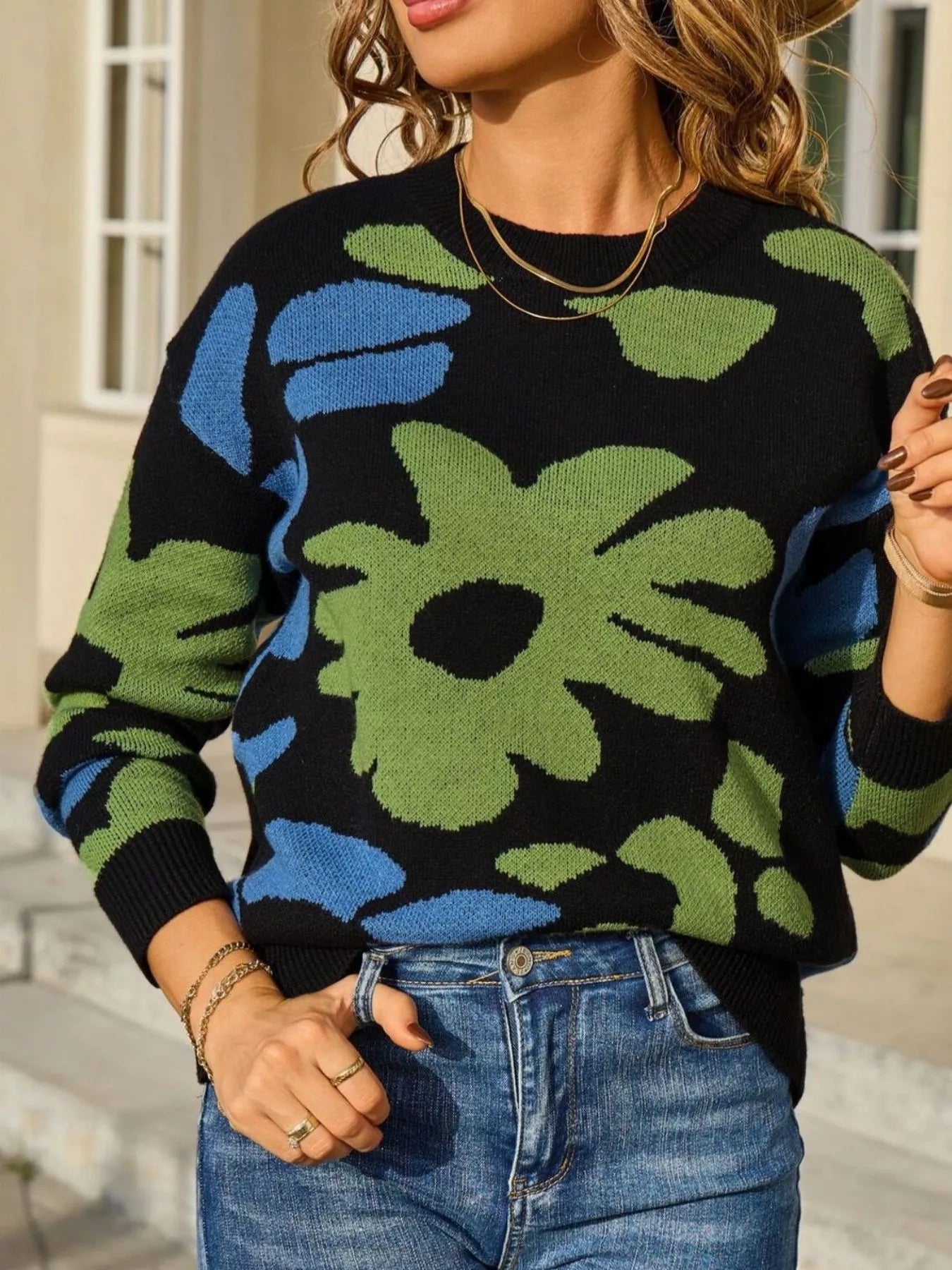Floral Crew Neck Long Sleeve Sweater