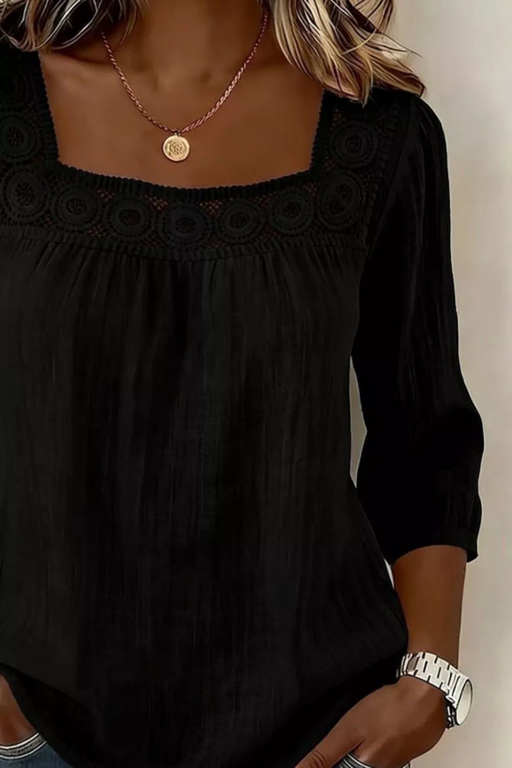 Crochet Trim Square Neck Blouse