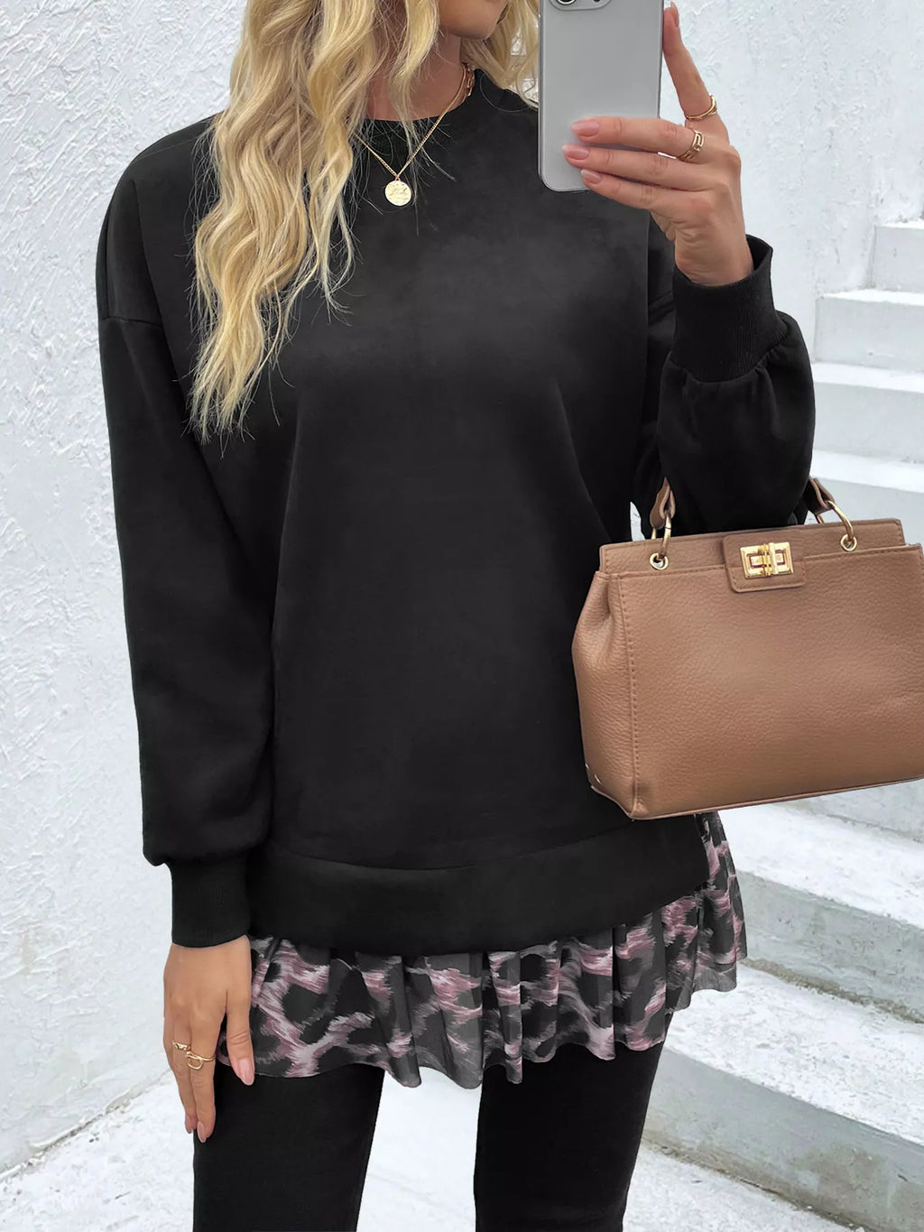 Camouflage Hem Detail Round Neck Sweatshirt