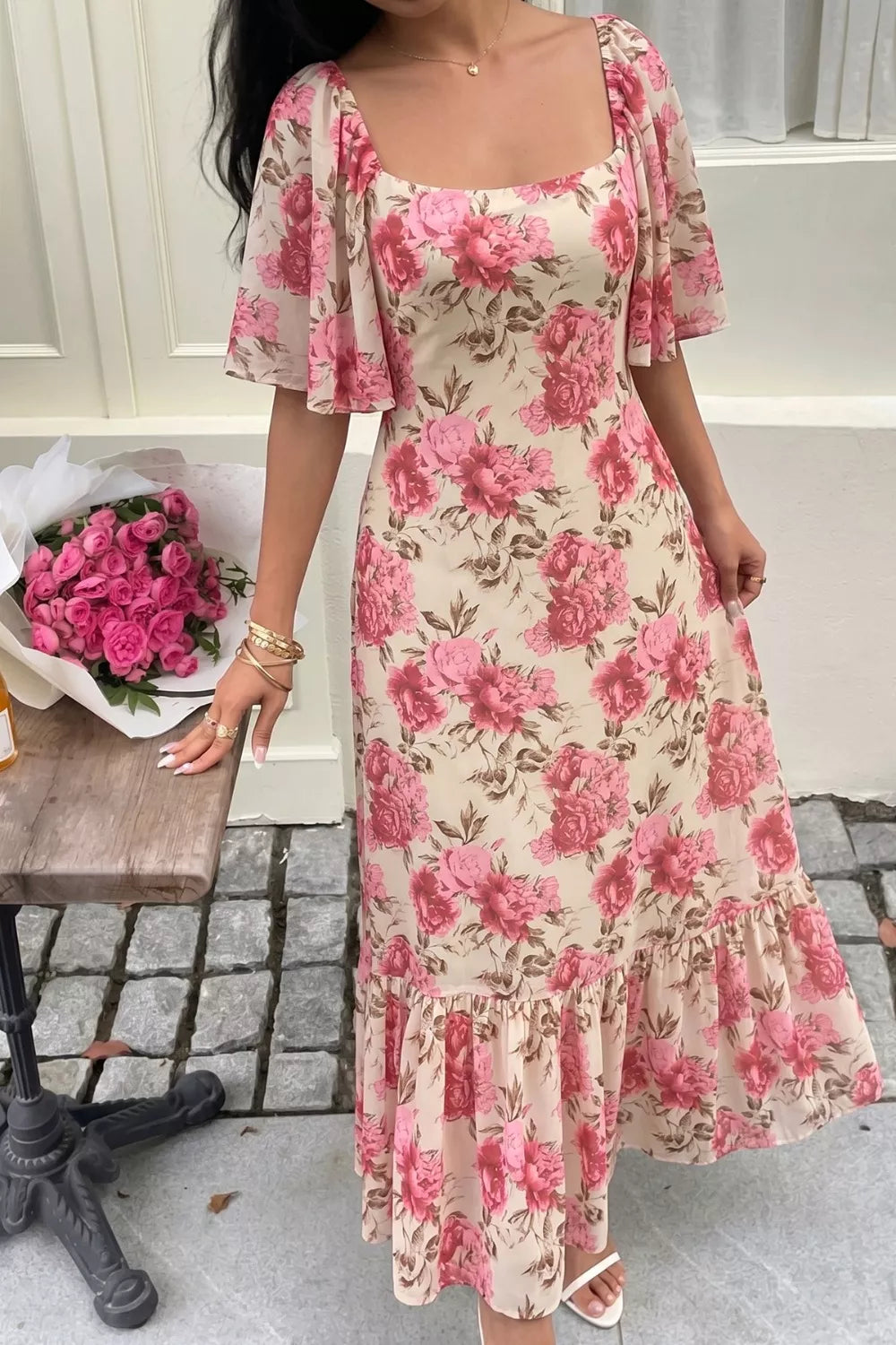 Floral Print Ruffle Hem Flutter Sleeve Dress
