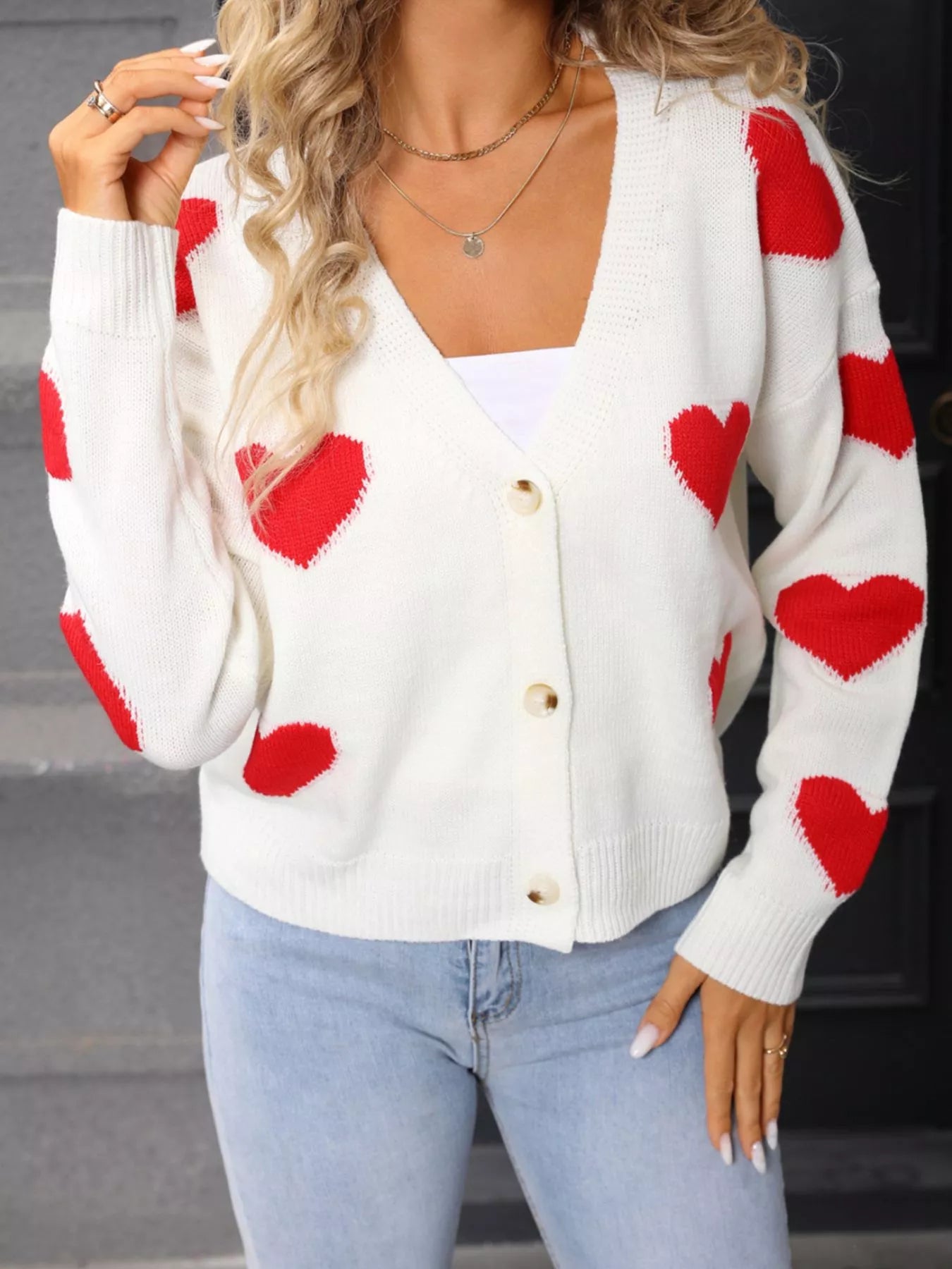 Valentine's Day Heart Pattern Button-Up Knit Cardigan