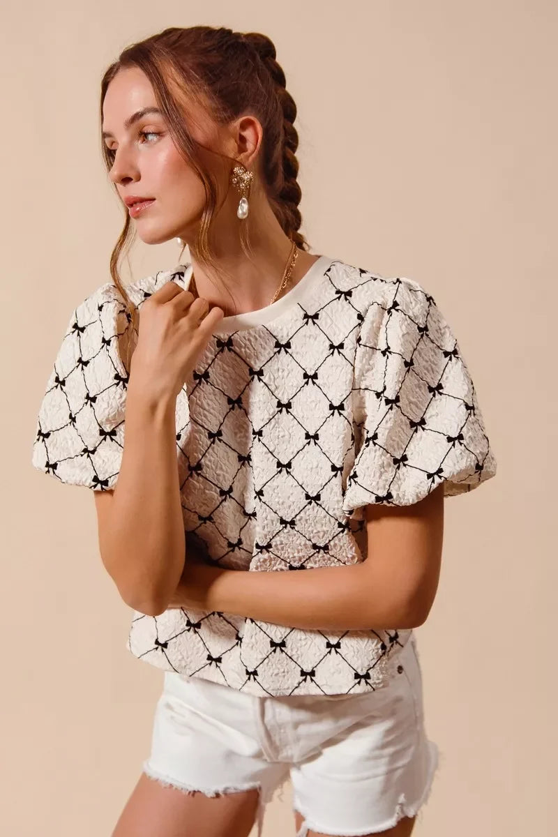 SO ME Bow Texture Woven Bubble Sleeve Top