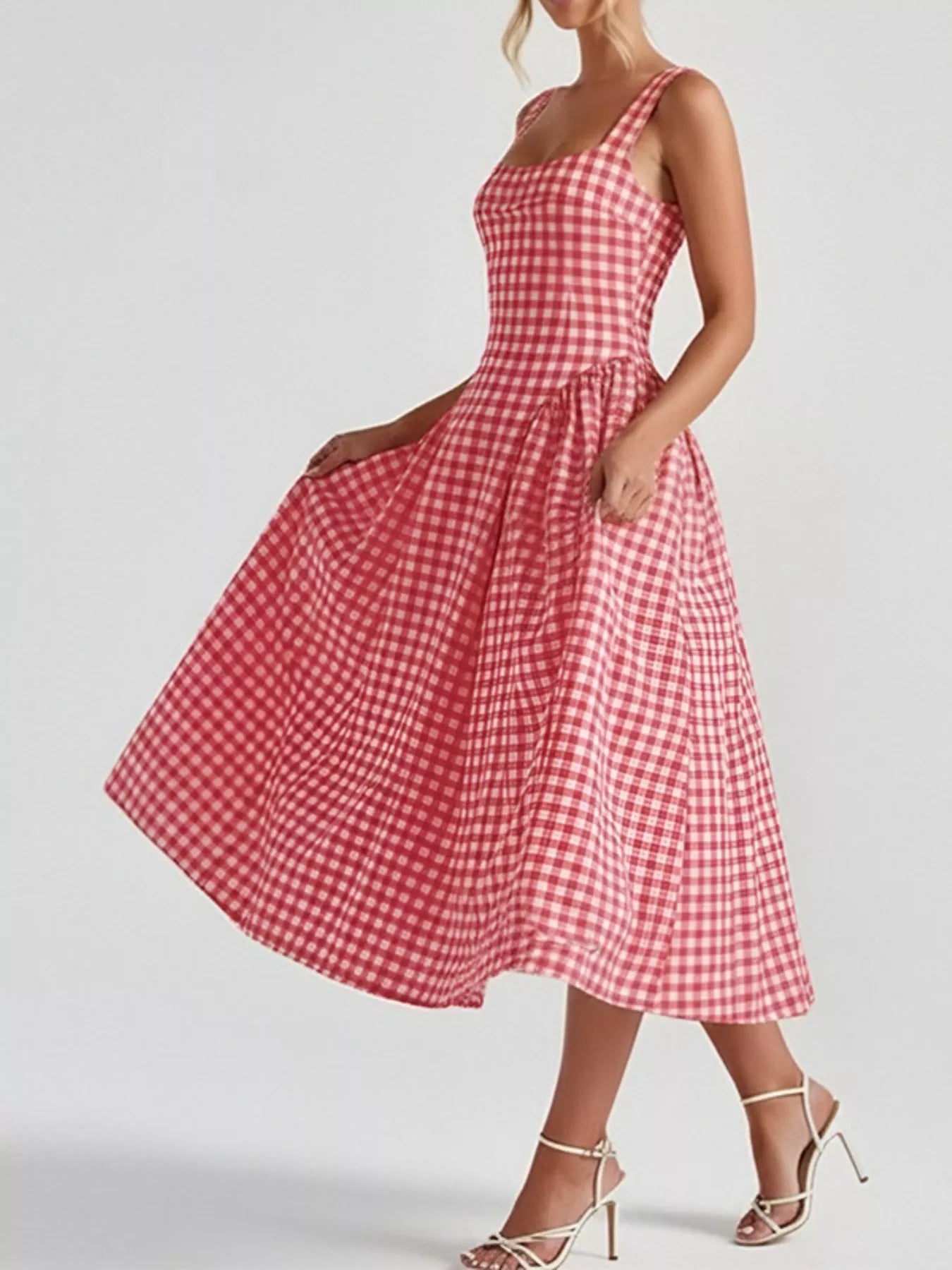 Full Size Plaid Square Neckline Midi Dress Plus Size