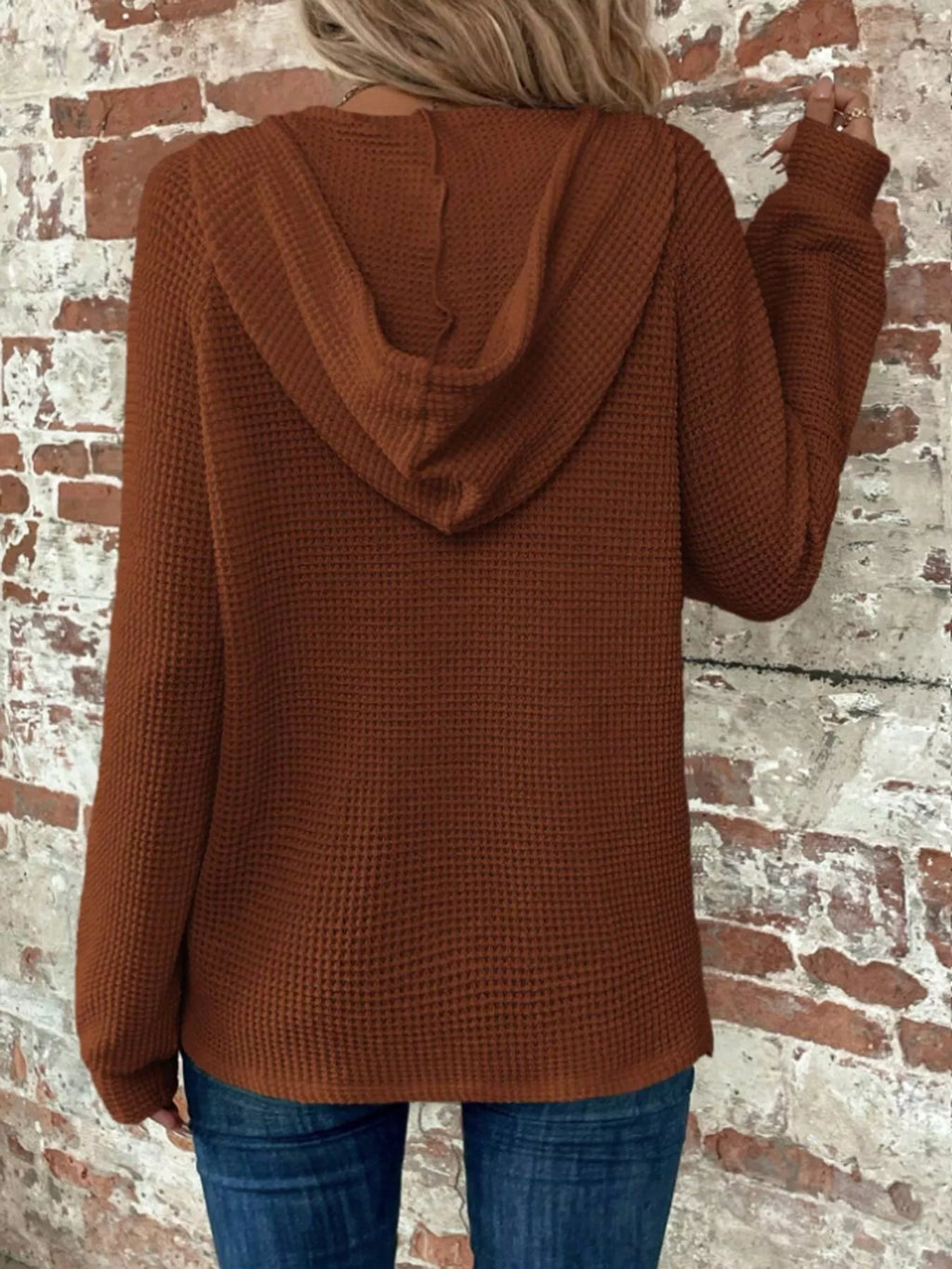 Waffle Knit Button Detail Hoodie