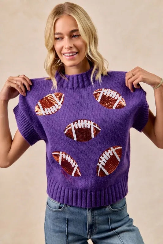 BiBi Gameday Sequin Football Patches Rib Banded Sweater