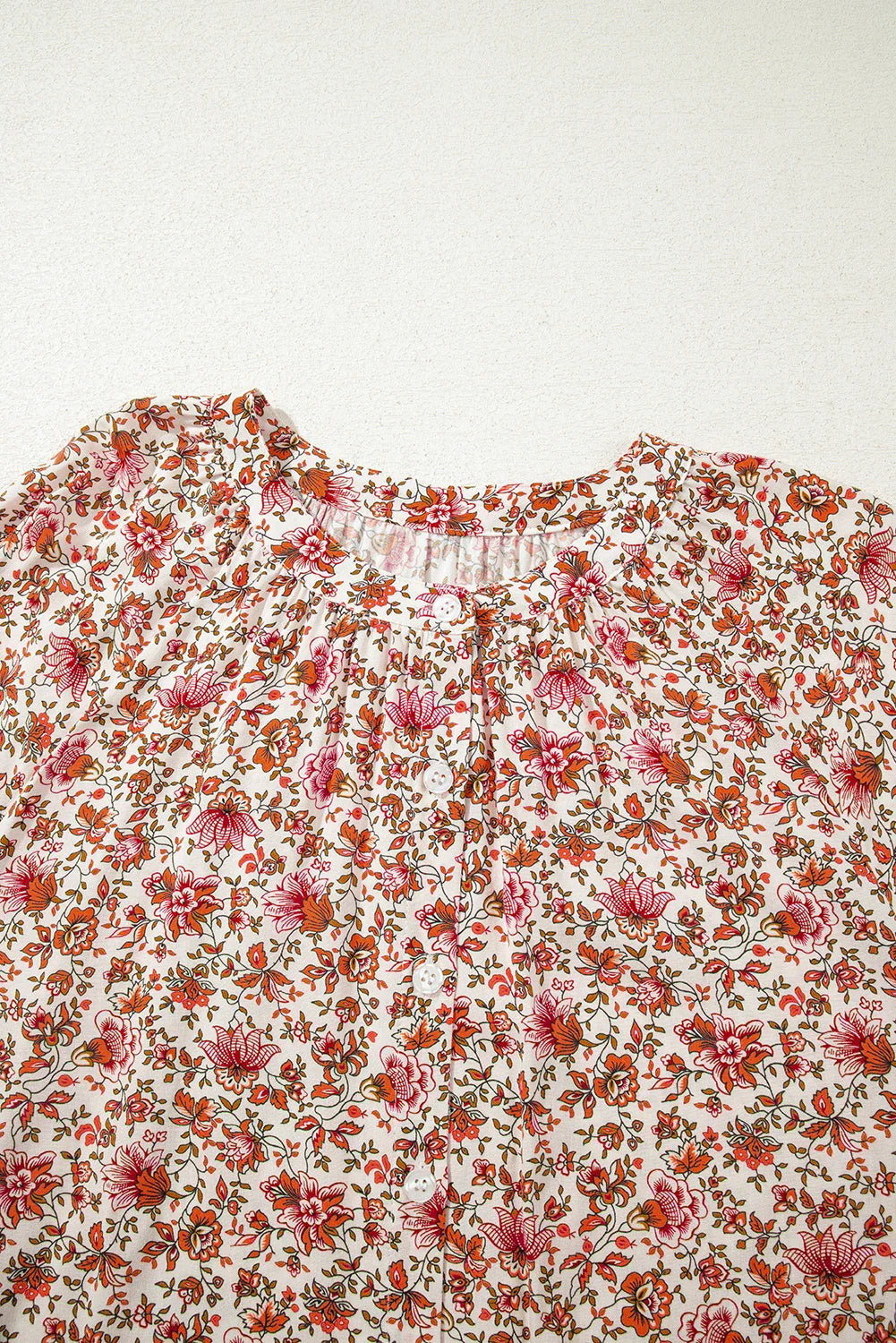 Floral Pleated Notched Neck Puff Sleeve Blouse