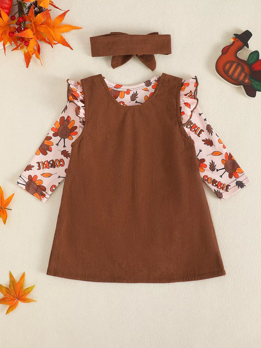 Children's Long Sleeve Bodysuit & Thanksgiving Turkey Dress Set with Headband