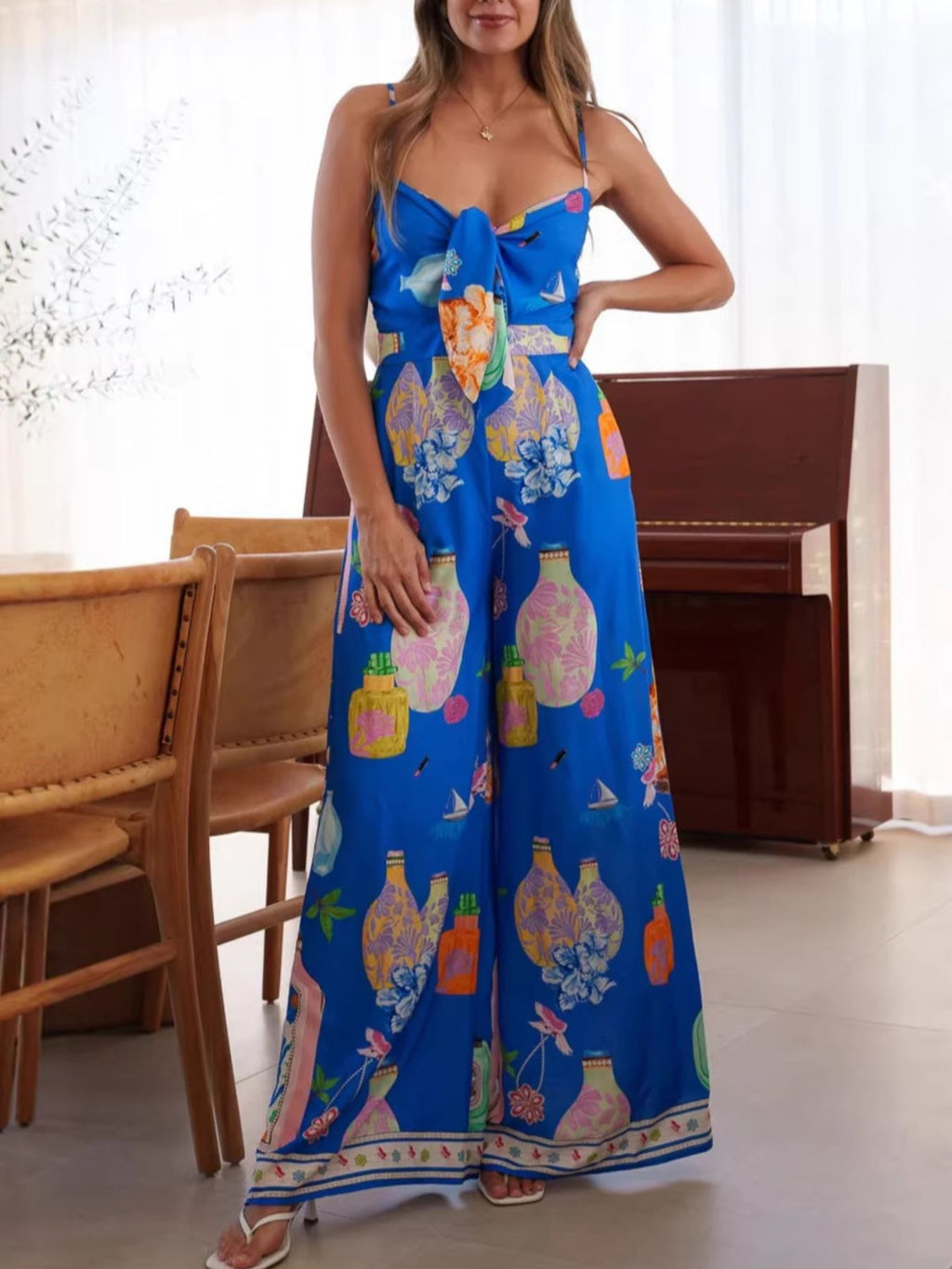 Printed Tie-Front Wide Leg Jumpsuit