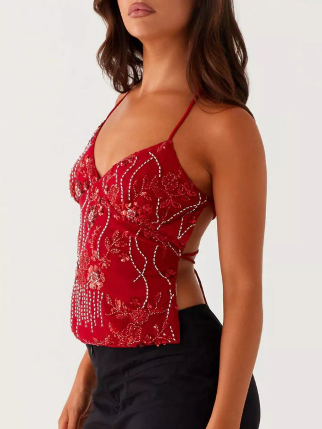 Floral Lace Up Back V-Neck Cami