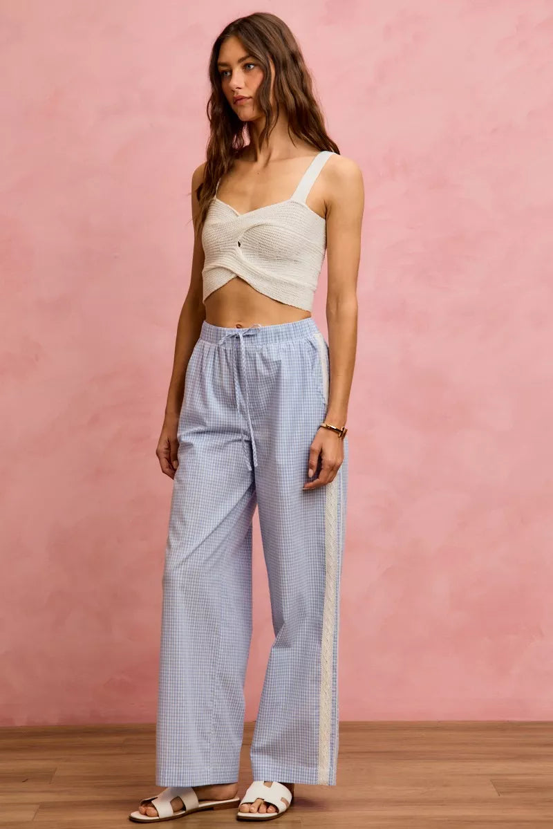 SO ME Wide Check  Pants With Side Lace Trim And Piping