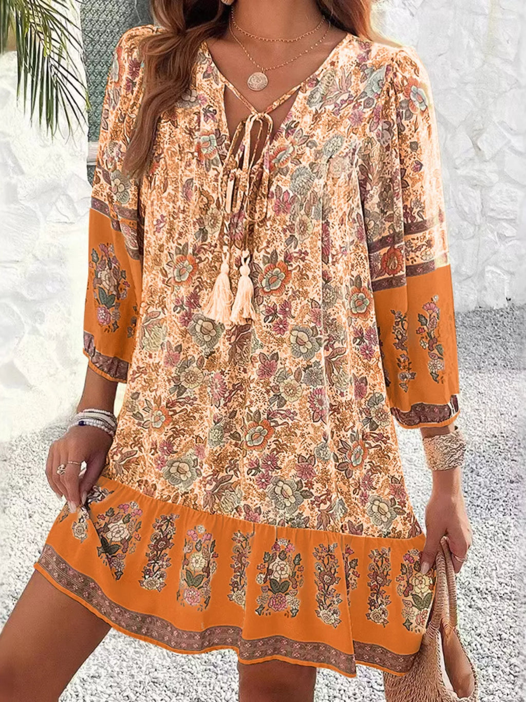 Floral Print Tassel Tie Neck Mini Dress