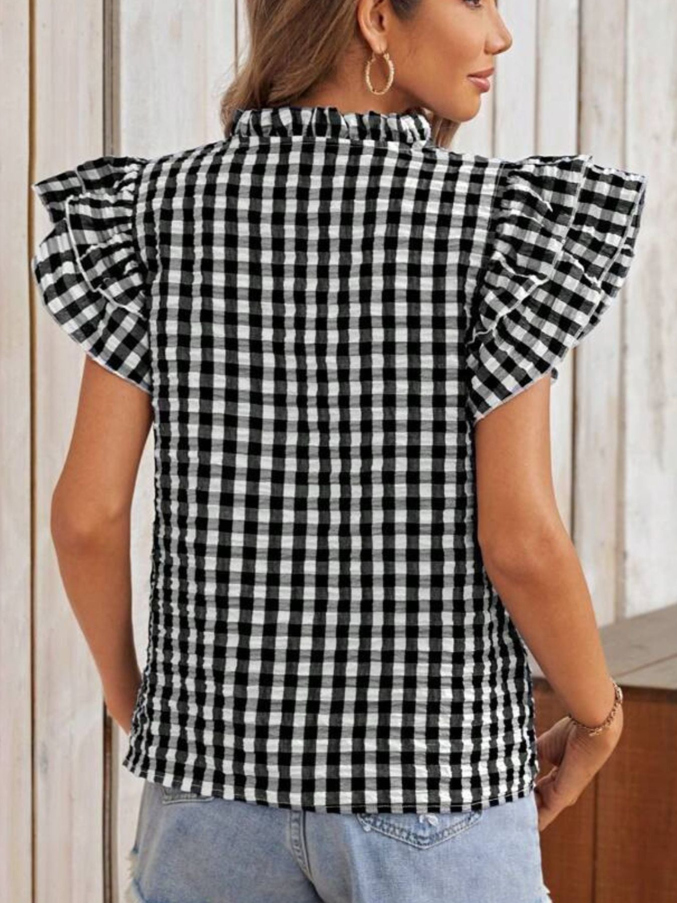 Gingham Ruffle Sleeve Blouse
