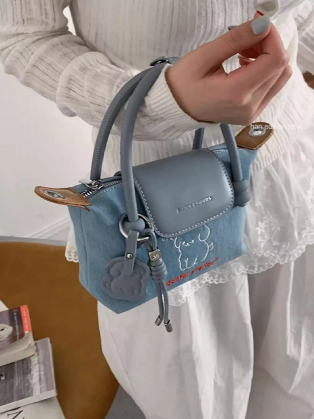 Puppy Embroidered Denim Handbag