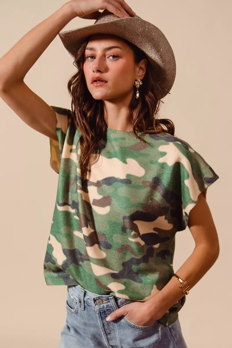 SO ME Camouflage Print Dolman Soft Sweater Top