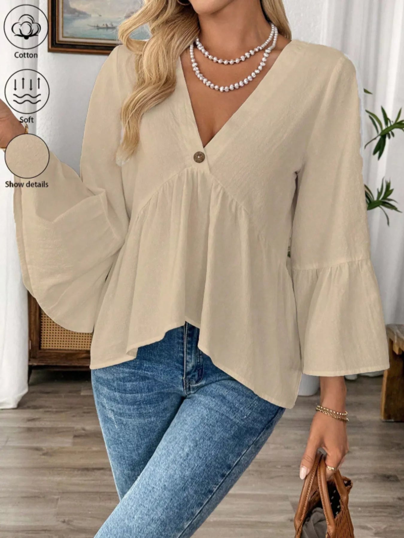 V-Neck Bell Sleeve Blouse