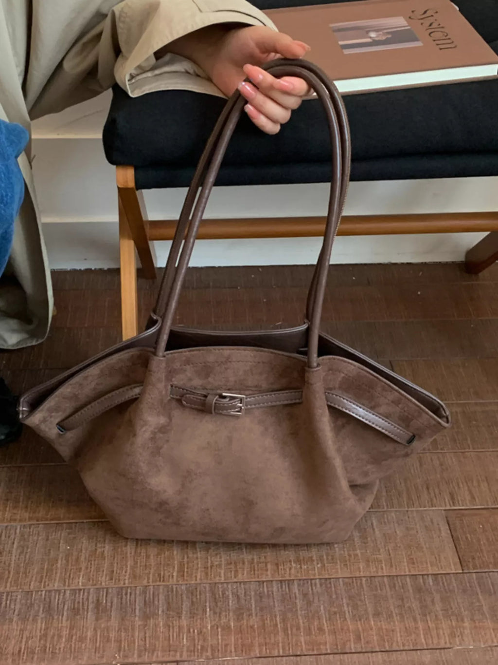 Solid Color Buckle Tote Bag