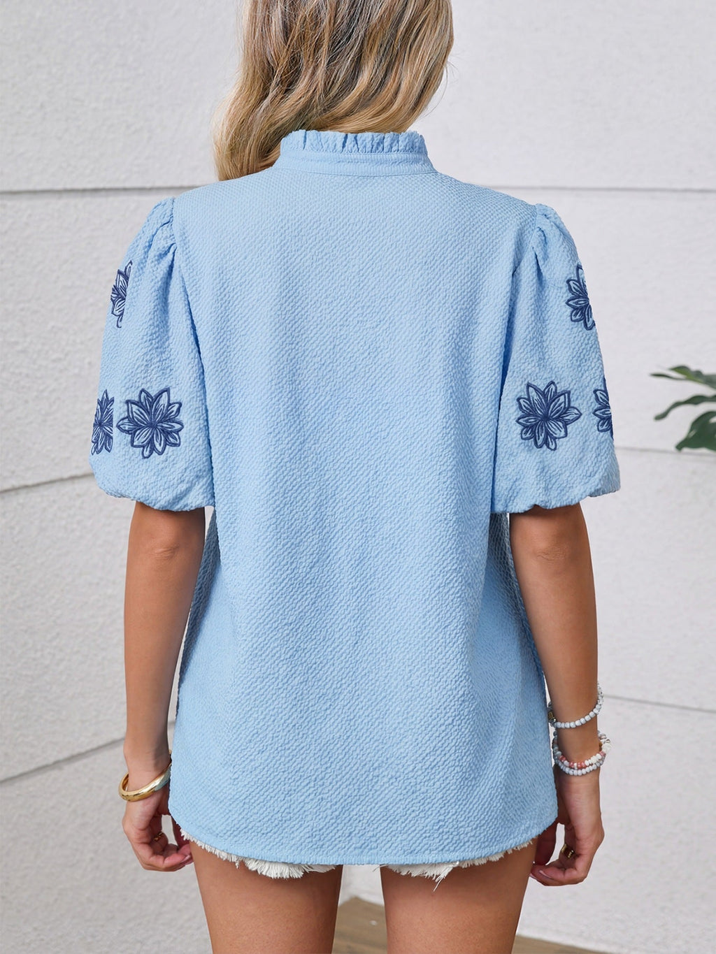 Flower Embroidered Puff Sleeve Split Neck Textured Blouse