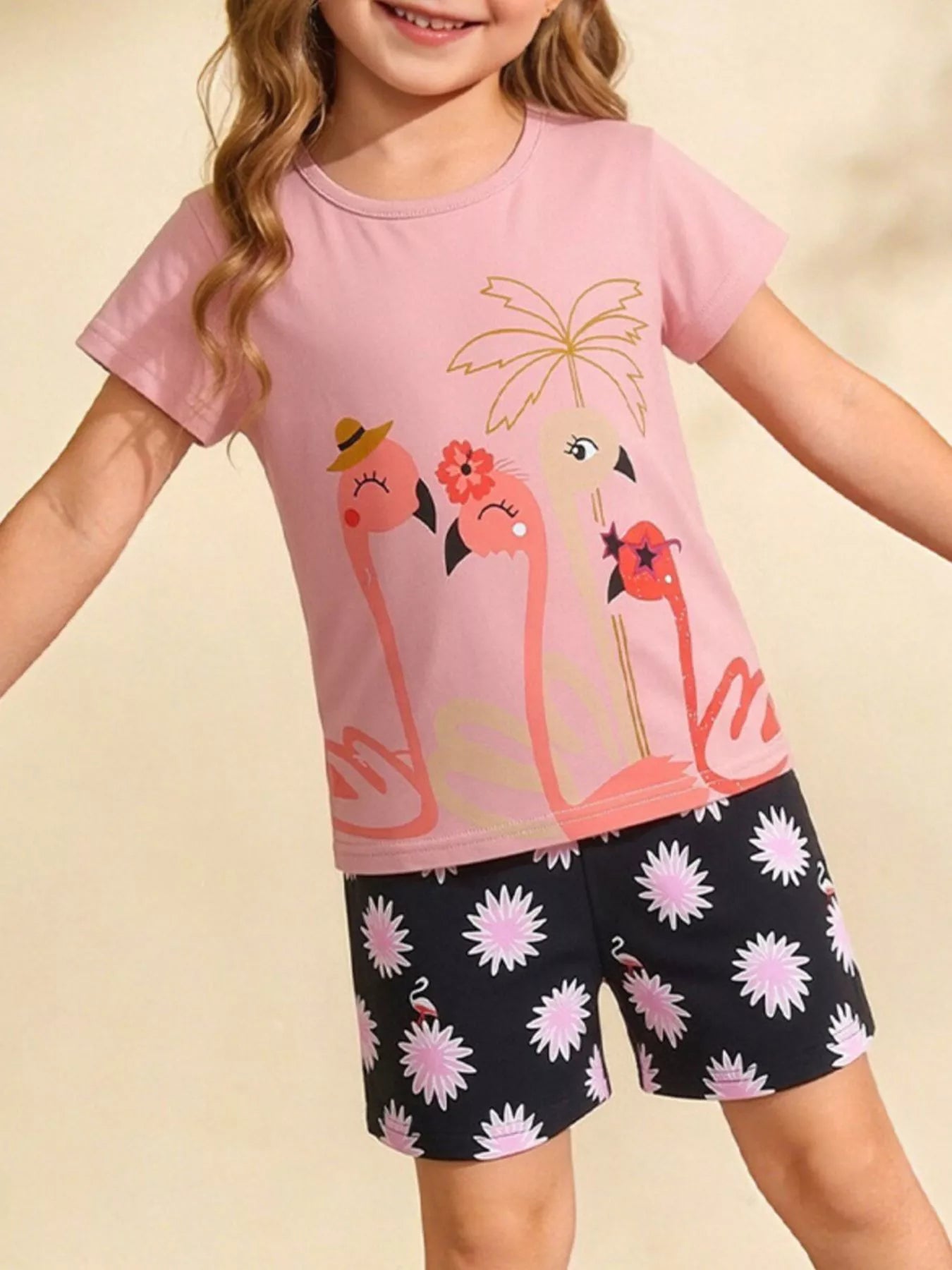 Children's Flamingo Print Tee and Shorts Set