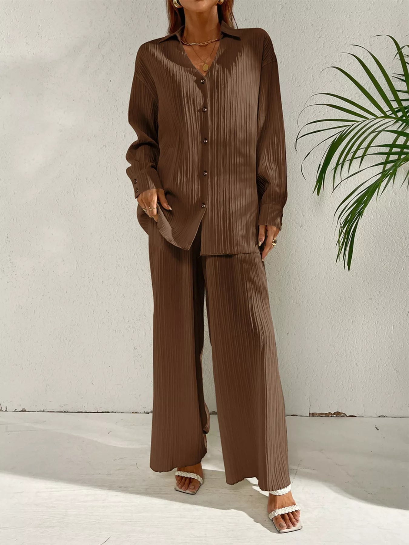 Long Sleeve Shirt & Wide Leg Pants Set