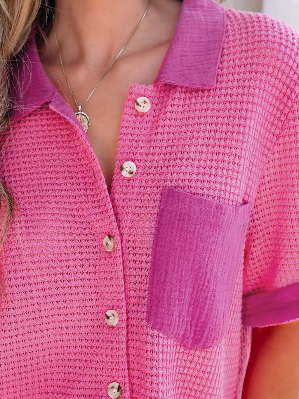 Gauze Waffle Button Down Short Sleeve Shirt