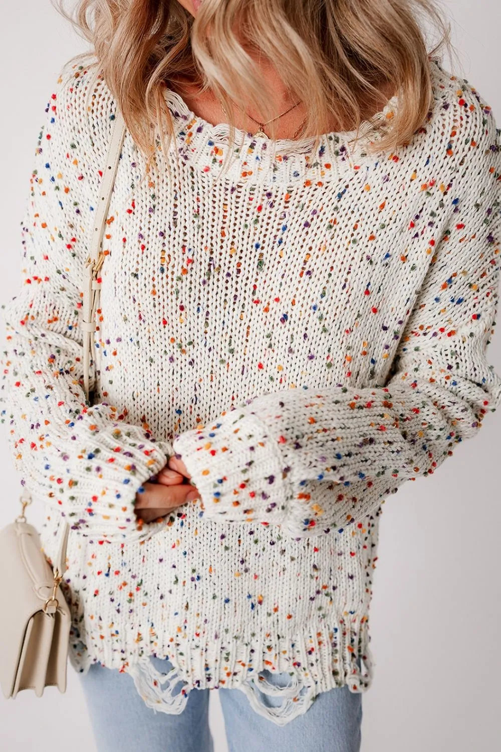 Confetti Distressed Hem Long Sleeve Sweater
