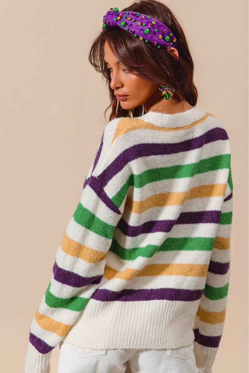 SO ME Mardi Gras Color Stripe Round Neck Sweater Top
