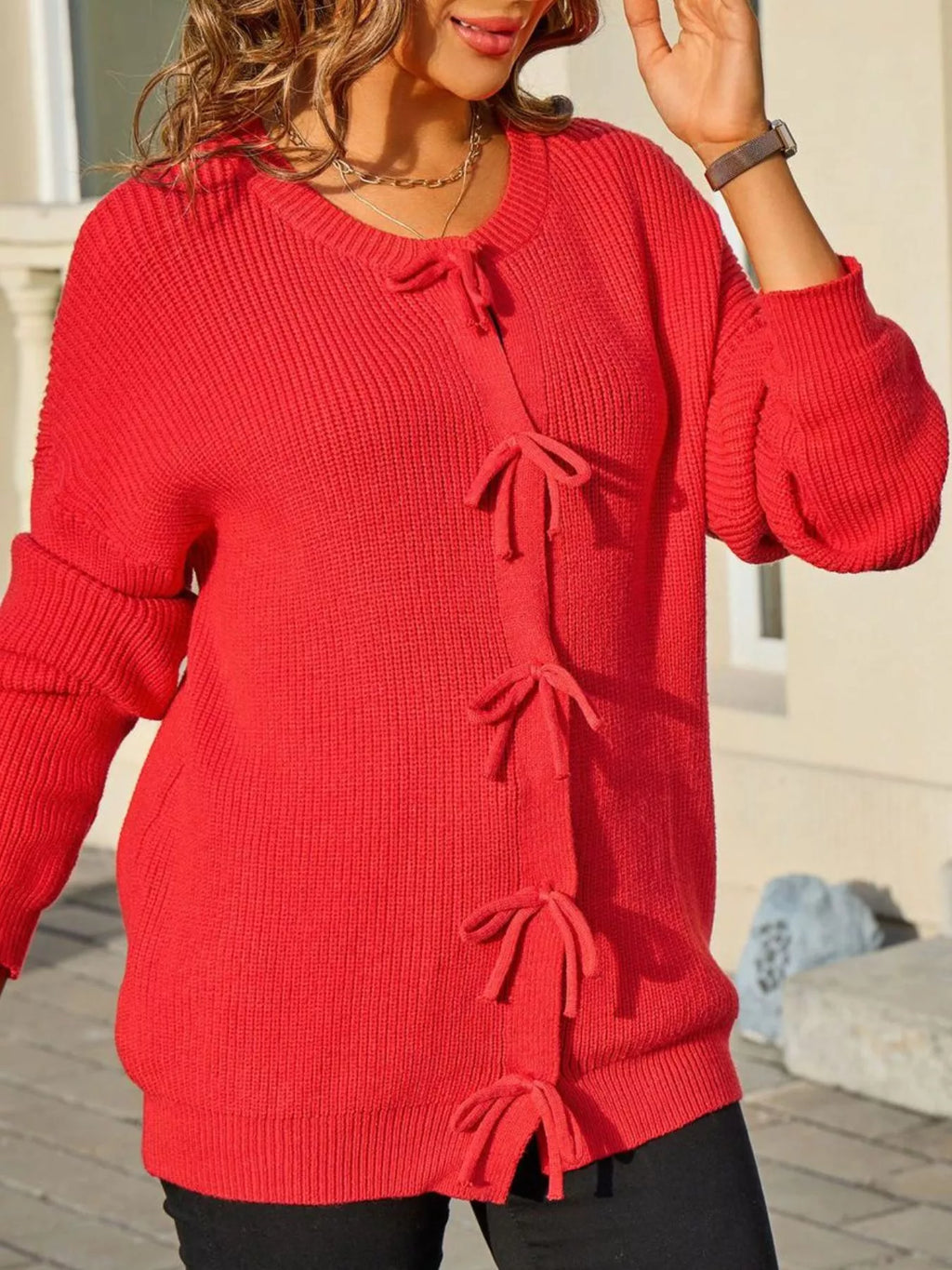Ribbed Knit Bow-Tie Cardigan